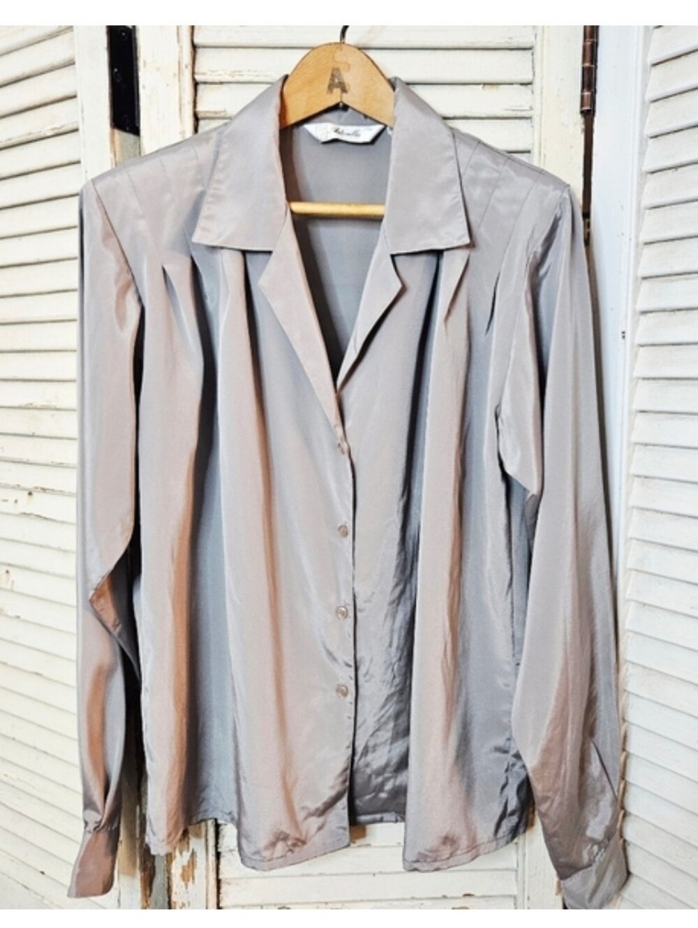 Vintage 80s Silver Grey Pleated Long Sleeved Blouse Small/Medium